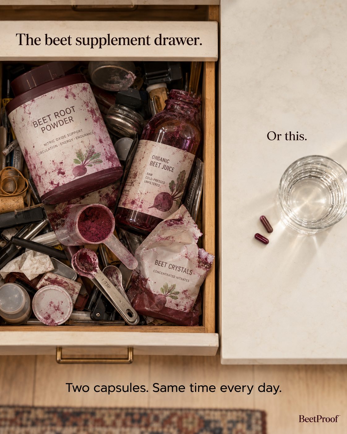 The beet supplement drawer — years of failed attempts