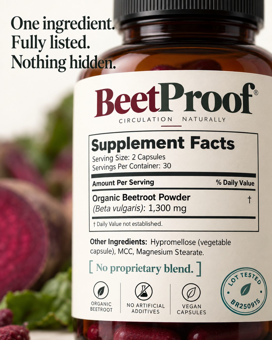 BeetProof supplement facts label — Organic Beetroot Powder 1,300mg